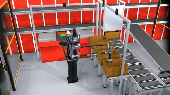 Visualisering av Cognibotics robotplockcell hos Nowaste Logistics &ndash; en h&ouml;g&shy;hastighetsrobot med l&aring;ng r&auml;ckvidd som plockar direkt fr&aring;n AutoStore-portar till l&aring;dor p&aring; transportbanor, som en del av Nowastes satsning p&aring; skalbar, automatiserad orderhanteri