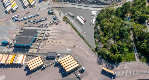 Visionsbild över den kommande vätgastankstationen i Göteborgs hamn.