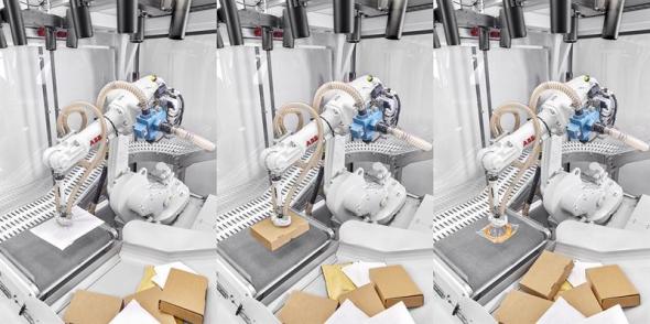 En ABB-robot sorterar olika sorters paket med Covariant AI.